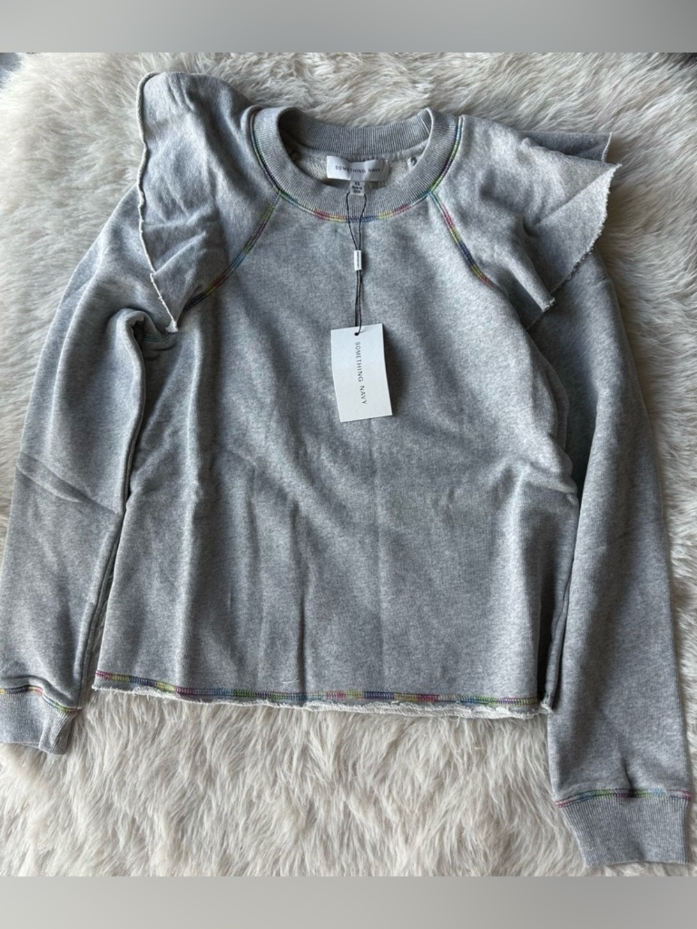 Something Navy Light Gray Ruffle-Shoulder Sweatshirt - Picture 14 of 15